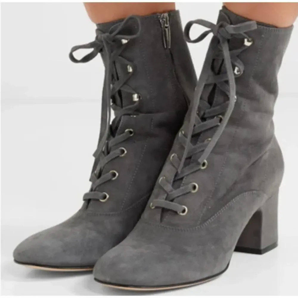 Gianvito Rossi Gray Suede Lace Up Boots Mackay Low Block Heel Ankle Zip sz 38